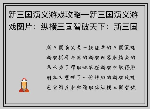新三国演义游戏攻略—新三国演义游戏图片：纵横三国智破天下：新三国演义游戏攻略秘籍
